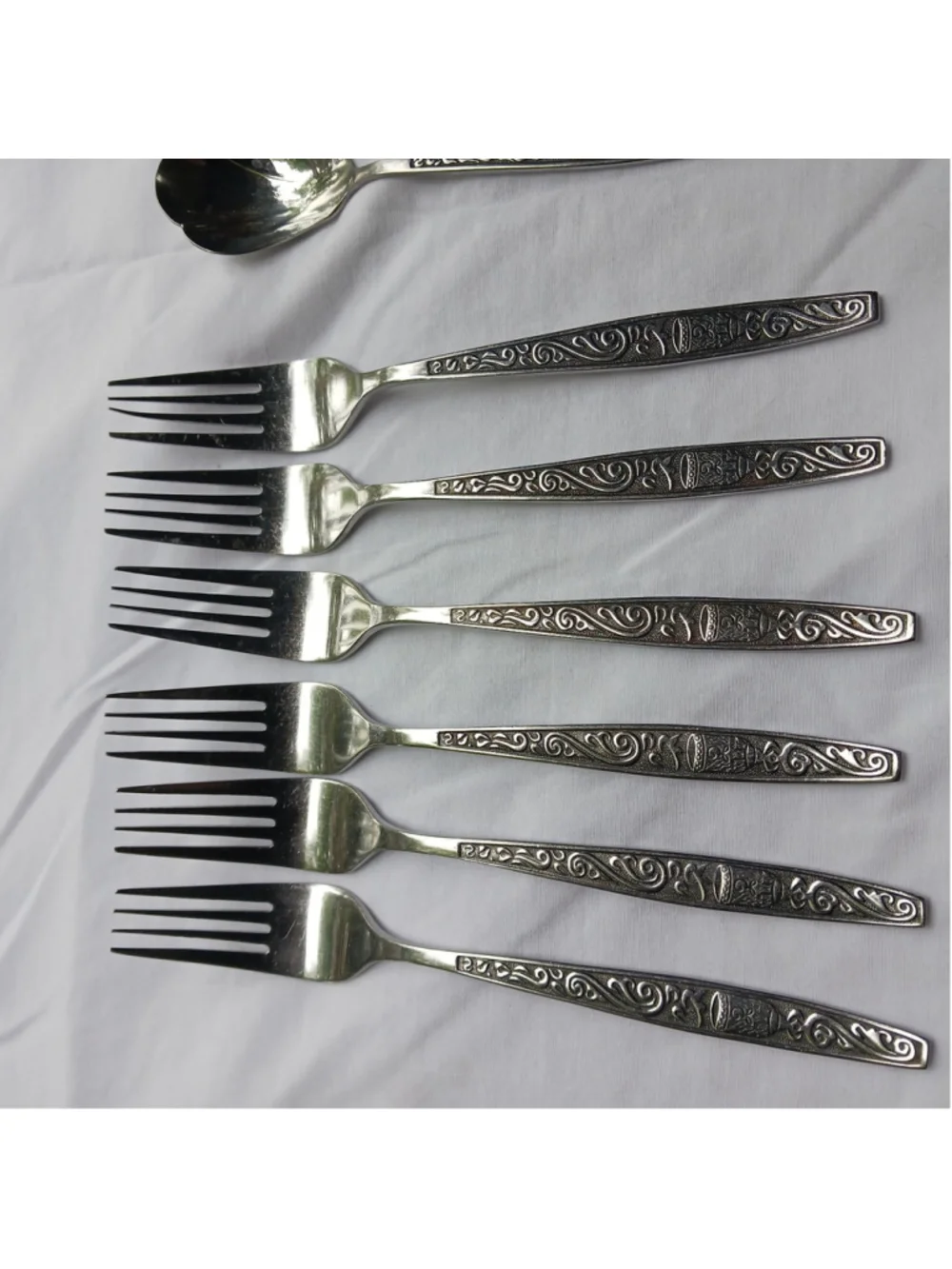 VTG MCM Stainless Steel Flatware Set Scroll Asian Good Luck Bell Chalice